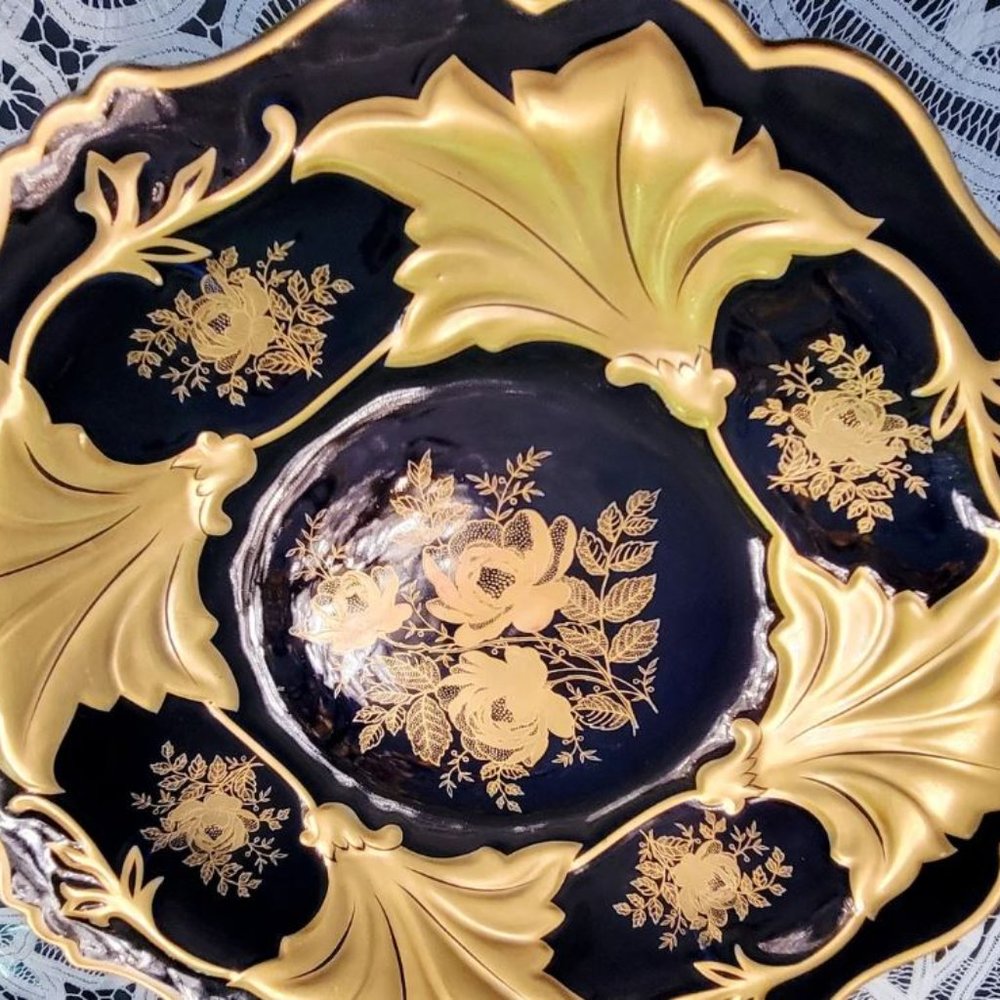 Vintage Jetta Cobalt Blue Gold Leaf Round Platter Bowl w/stand WEIMAR PORCELAIN - Picture 4 of 11